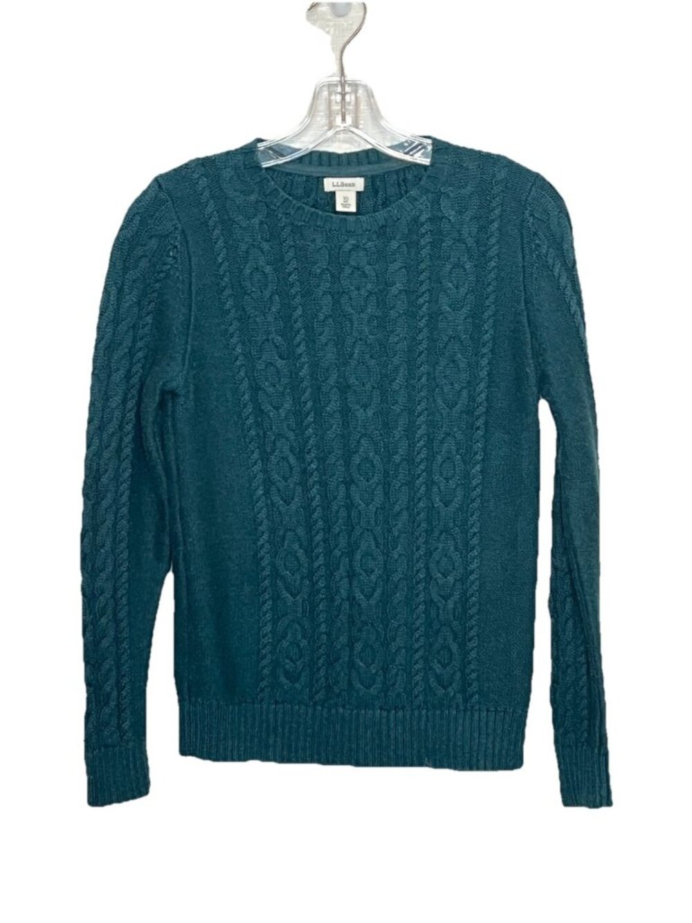 LL Bean Womens XS Cable Knit Sweater Green 100% Cotton Crewneck Fisherman